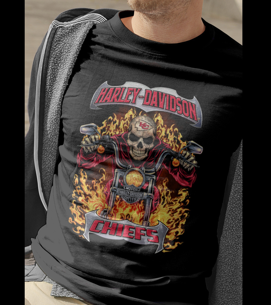 Harley Davidson Kansas City Chiefs Skull Flames Motorcycle T-Shirt