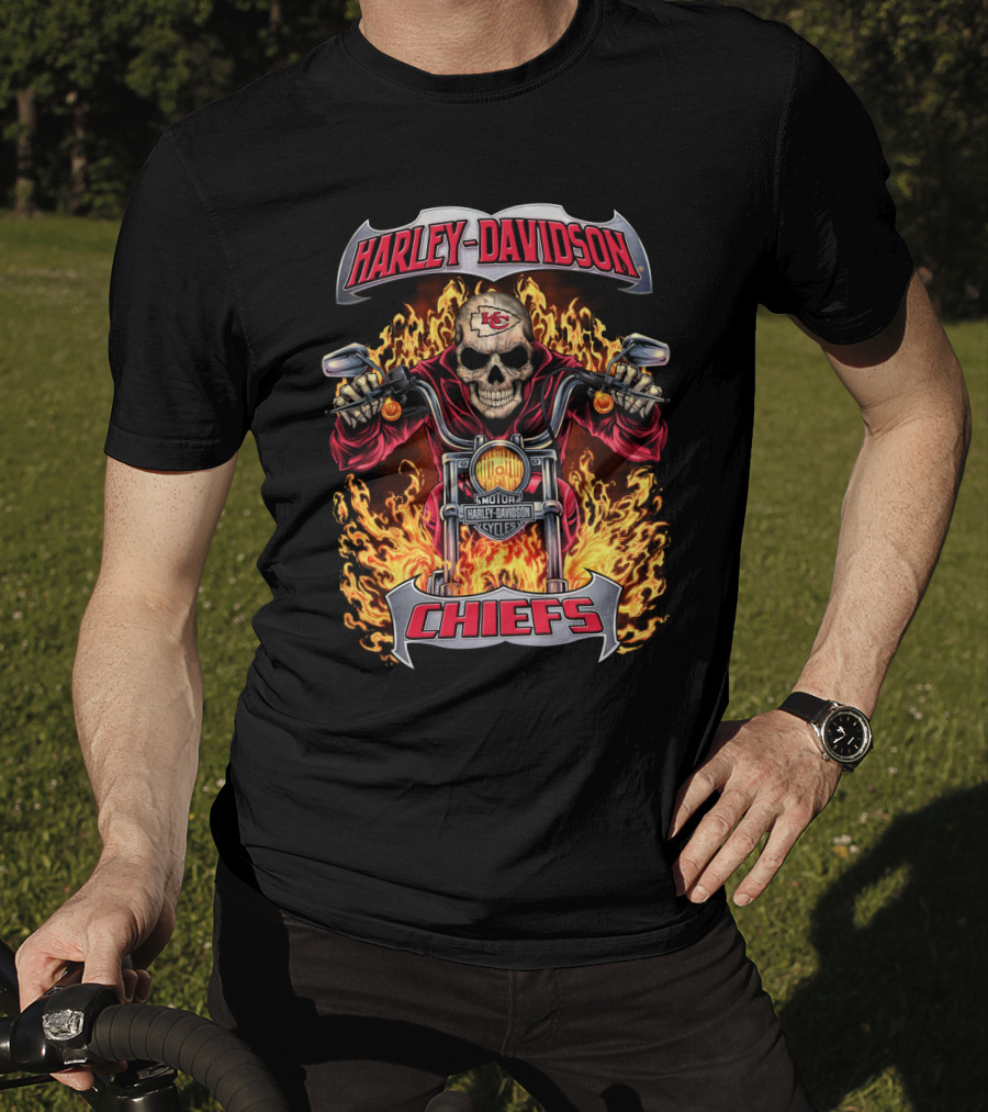 Harley Davidson Kansas City Chiefs Skull Flames Motorcycle T-Shirt