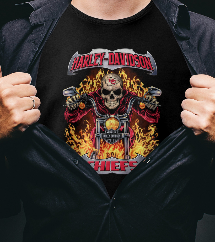 Harley Davidson Kansas City Chiefs Skull Flames Motorcycle T-Shirt