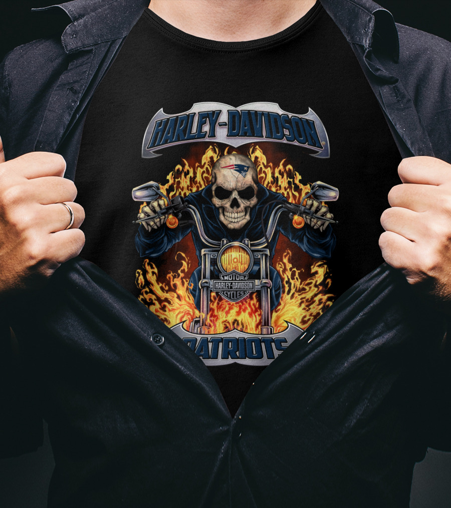 Harley Davidson New England Patriots Nfl Skull Flames Motorcycle T-Shirt