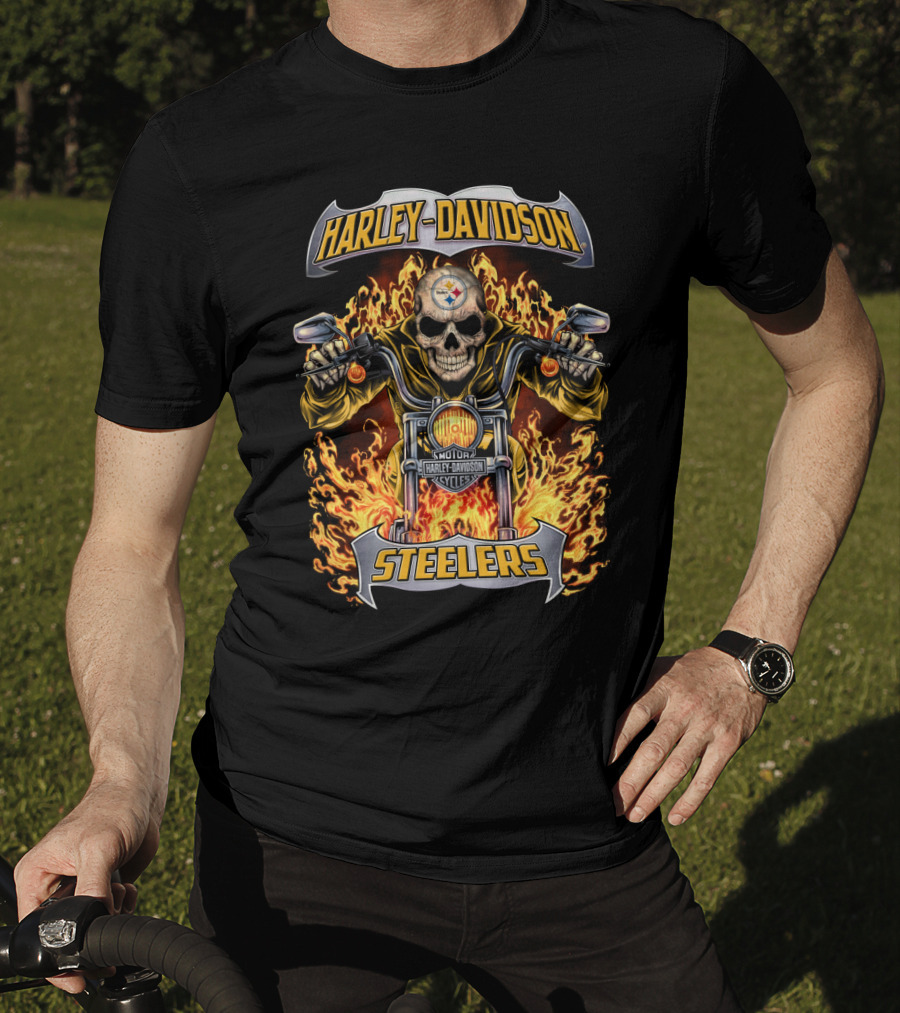 Harley Davidson Steelers Skull Flames Motorcycles Nfl Pittsburgh T-Shirt