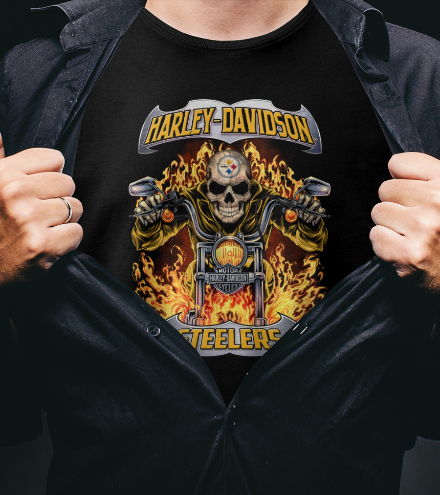 Harley Davidson Steelers Skull Flames Motorcycles Nfl Pittsburgh T-Shirt