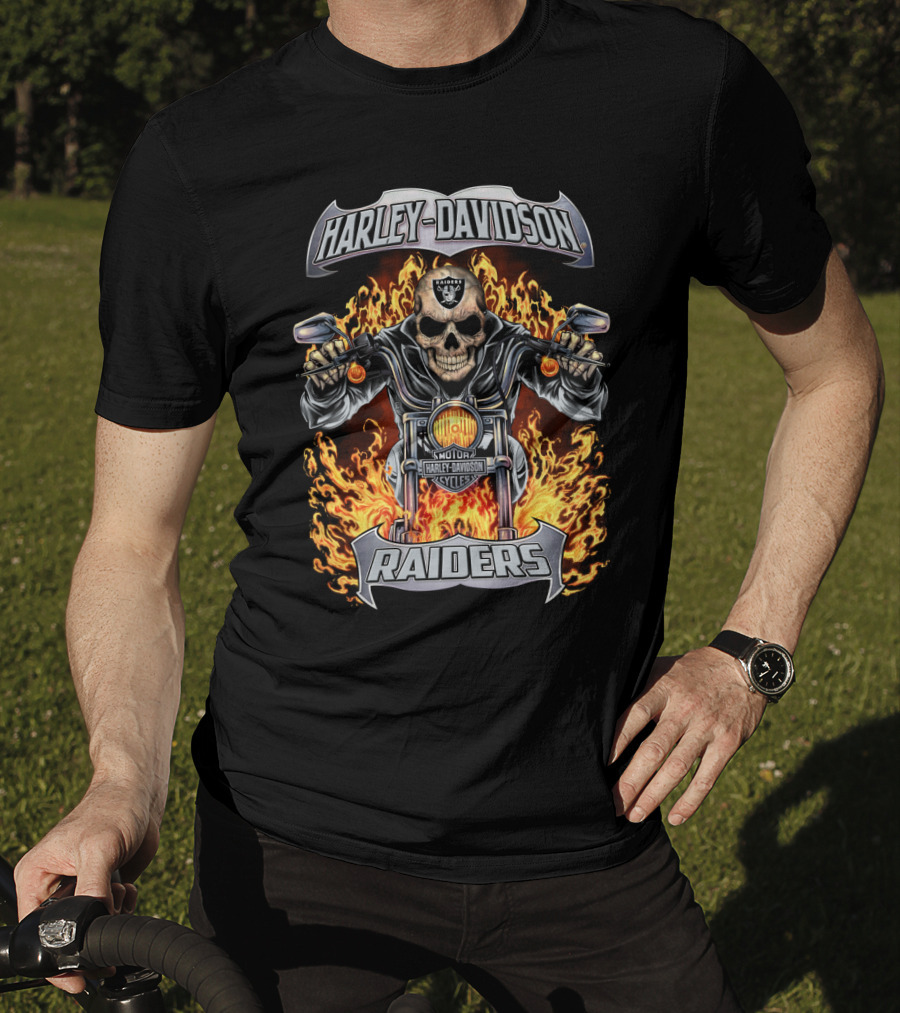 Harley Davidson Raiders Motorcycle Skull Flames T-Shirt