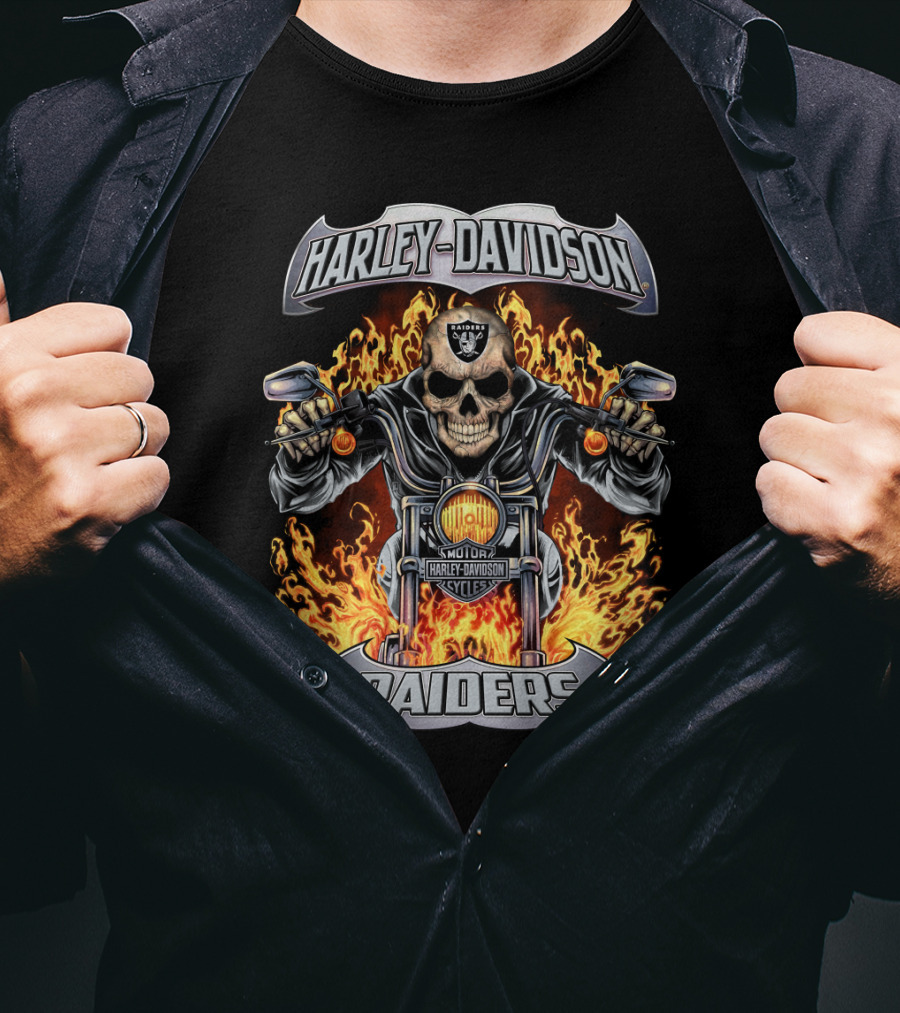 Harley Davidson Raiders Motorcycle Skull Flames T-Shirt