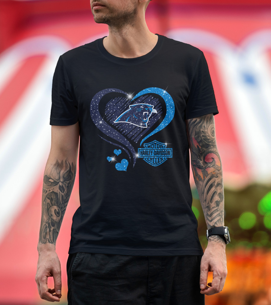 Carolina Panthers Heart Sparkle With Harley Davidson T-Shirt
