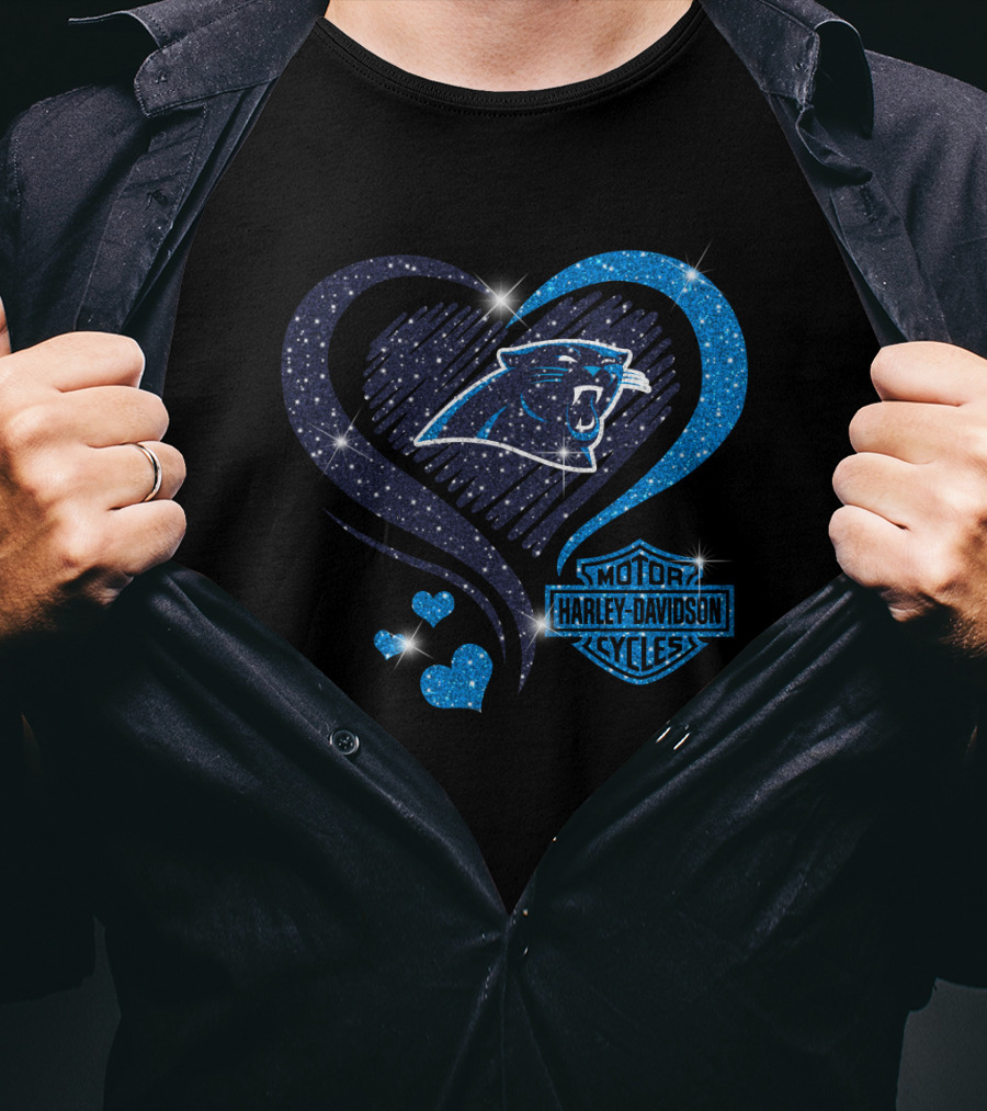 Carolina Panthers Heart Sparkle With Harley Davidson T-Shirt