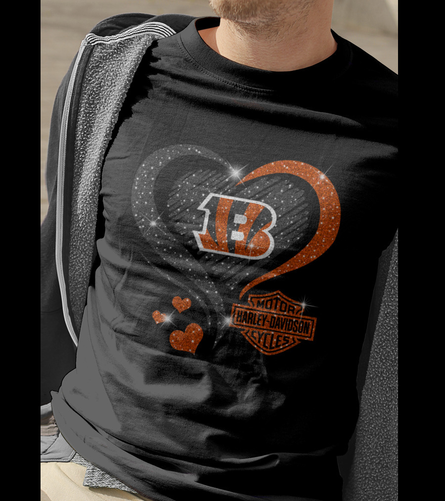 Harley Davidson Love Cincinnati Bengals Hearts Sparkle T-Shirt