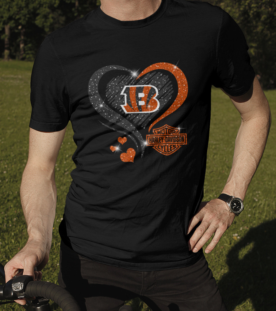 Harley Davidson Love Cincinnati Bengals Hearts Sparkle T-Shirt