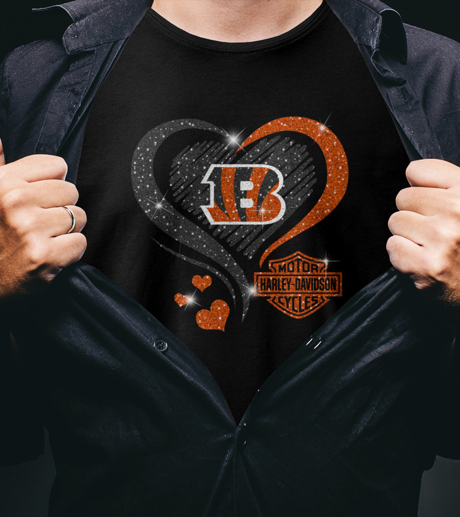 Harley Davidson Love Cincinnati Bengals Hearts Sparkle T-Shirt