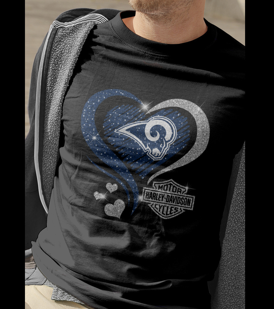 Hd Los Angeles Rams Harley Davidson Sparkle Heart Combination T-Shirt