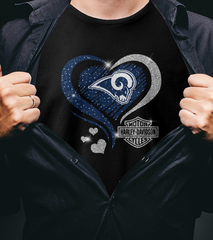 Hd Los Angeles Rams Harley Davidson Sparkle Heart Combination T-Shirt