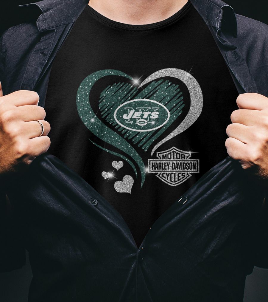 New York Jets Heart Harley Davidson Motor Cycles T-Shirt