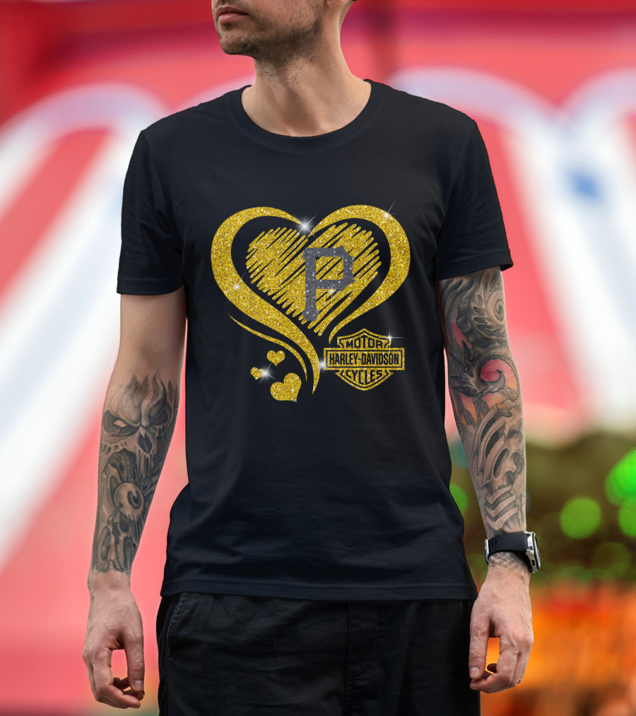Pittsburgh Pirates Harley Davidson Sparkle Heart Logo Mlb Fan T-Shirt