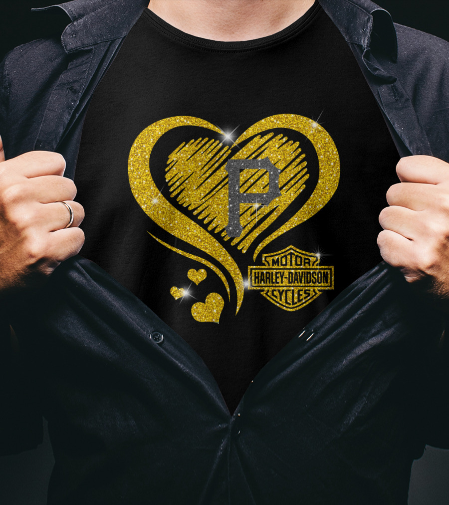 Pittsburgh Pirates Harley Davidson Sparkle Heart Logo Mlb Fan T-Shirt