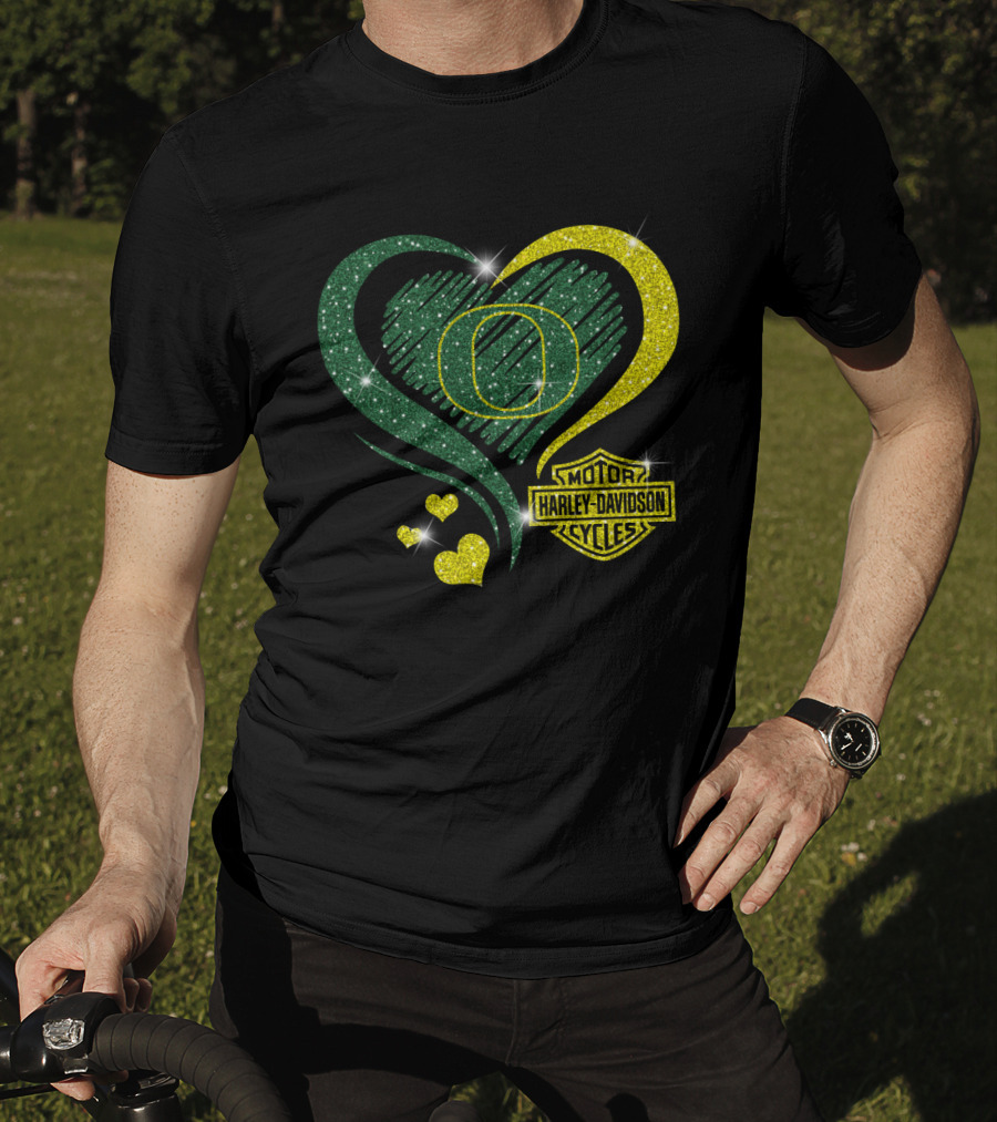 Oregon Ducks Heart Harley Davidson Motorcycles T-Shirt