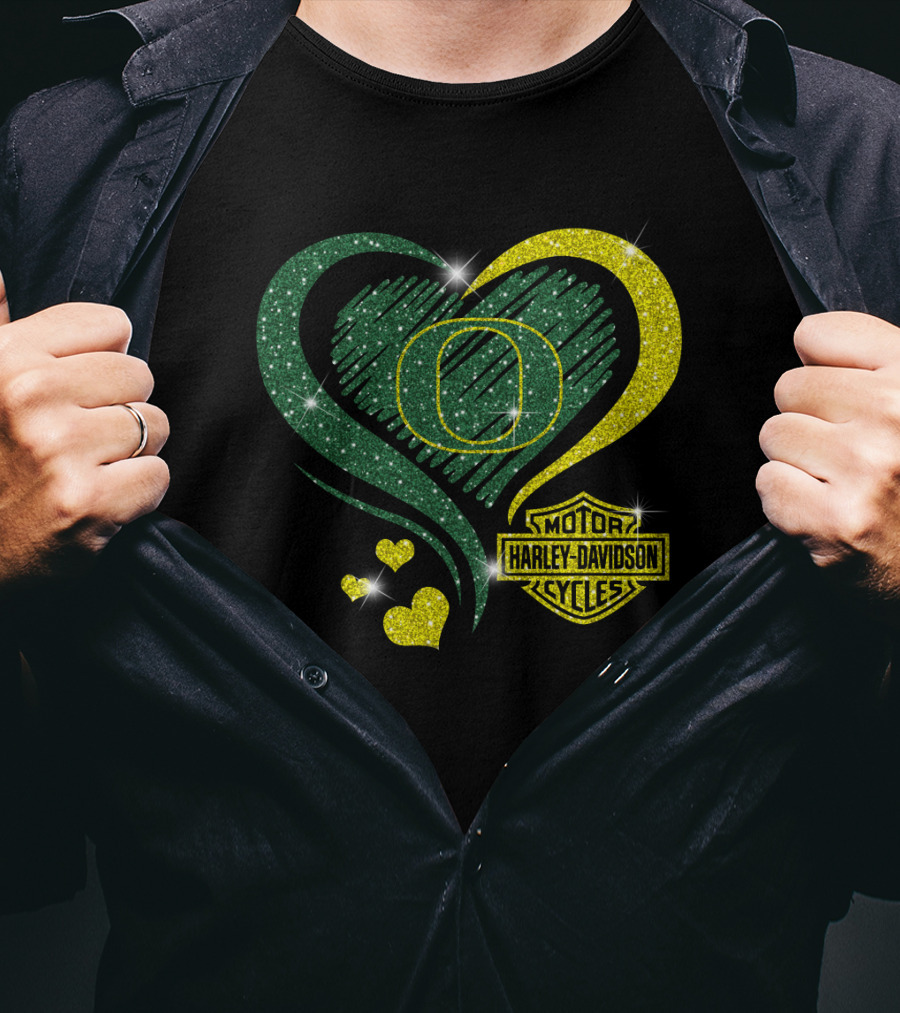 Oregon Ducks Heart Harley Davidson Motorcycles T-Shirt