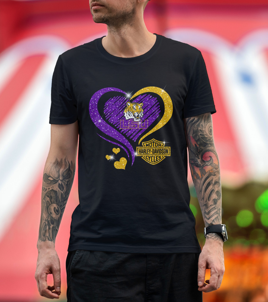 Lsu Tigers Harley Davidson Heart Ncaa Fan Gear T-Shirt