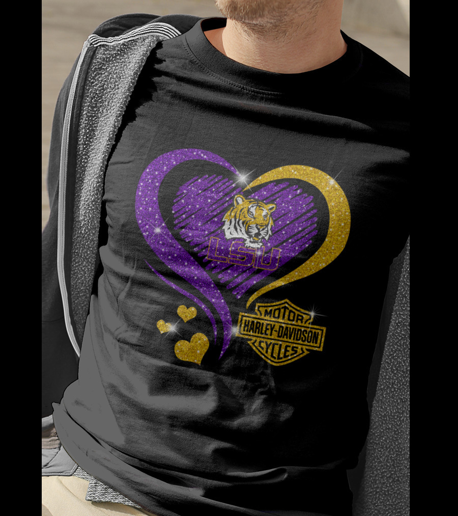Lsu Tigers Harley Davidson Heart Ncaa Fan Gear T-Shirt