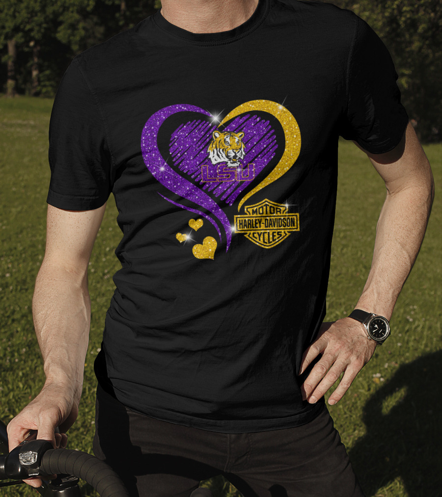 Lsu Tigers Harley Davidson Heart Ncaa Fan Gear T-Shirt