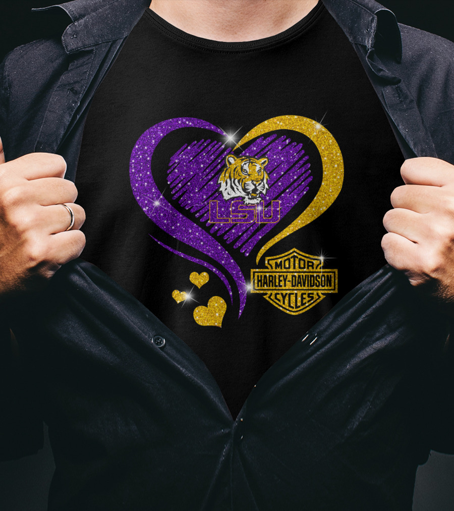 Lsu Tigers Harley Davidson Heart Ncaa Fan Gear T-Shirt