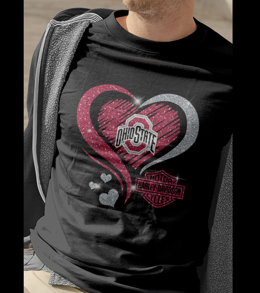 Ohio State Buckeyes Heart With Harley Davidson Motorcycles T-Shirt