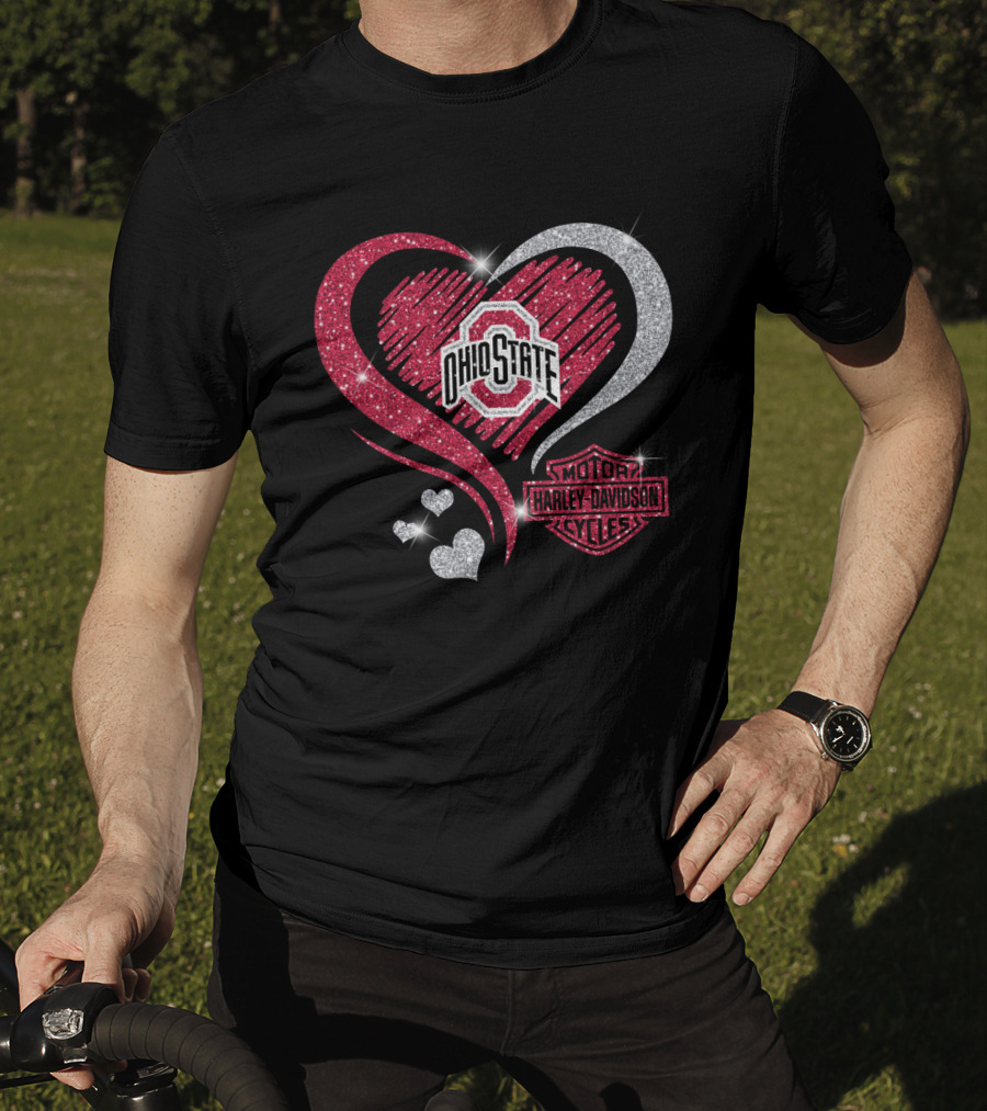 Ohio State Buckeyes Heart With Harley Davidson Motorcycles T-Shirt