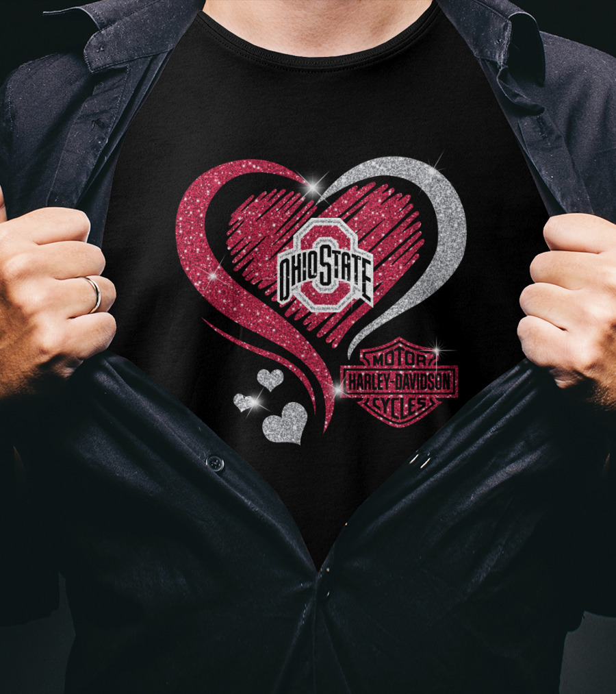 Ohio State Buckeyes Heart With Harley Davidson Motorcycles T-Shirt