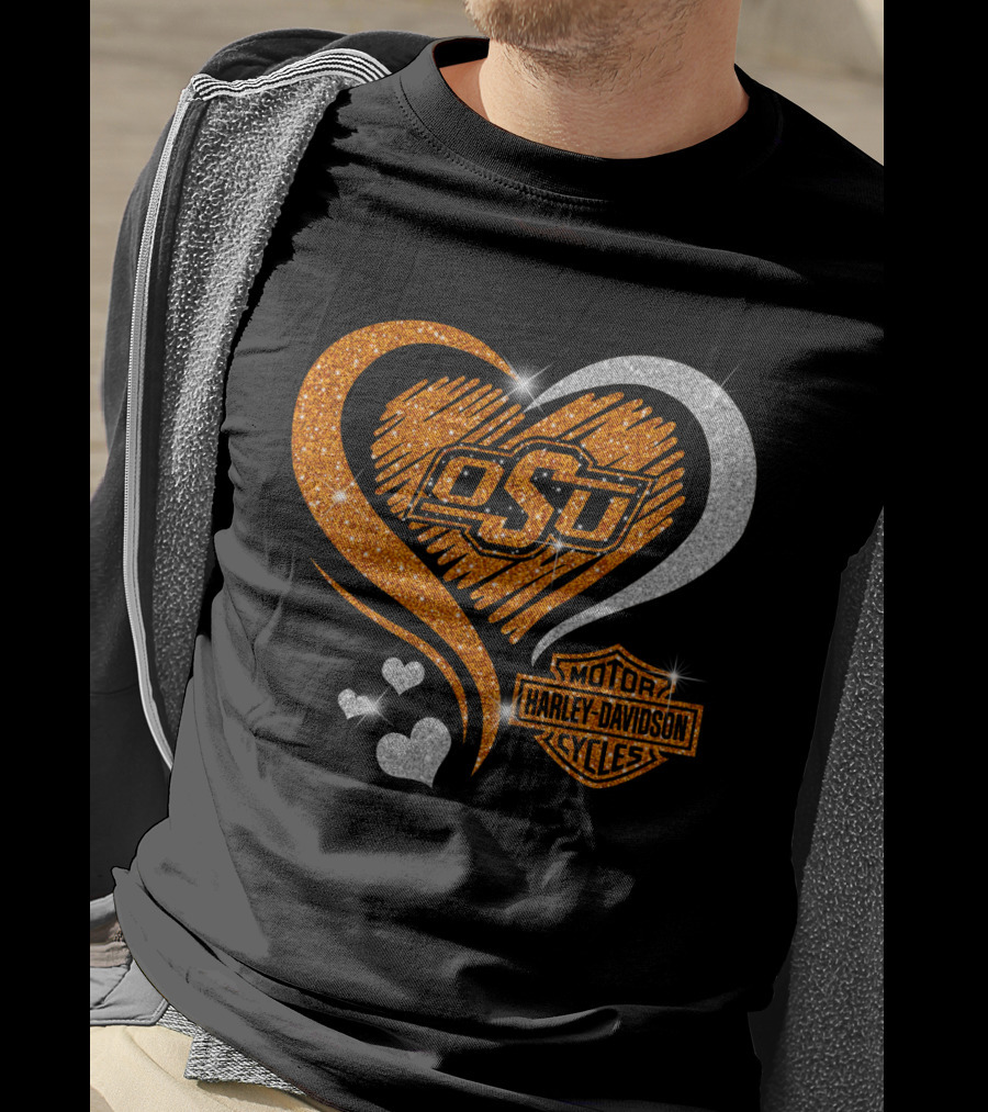 Osu Heart With Harley Davidson Logo And Oklahoma State Cowboys T-Shirt