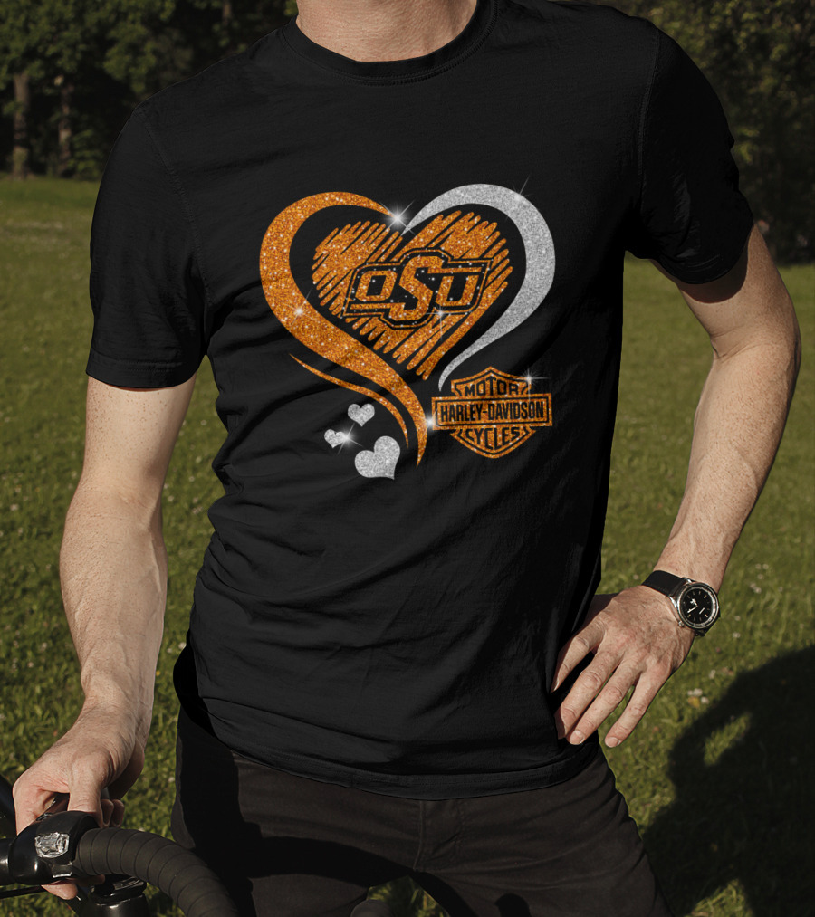Osu Heart With Harley Davidson Logo And Oklahoma State Cowboys T-Shirt