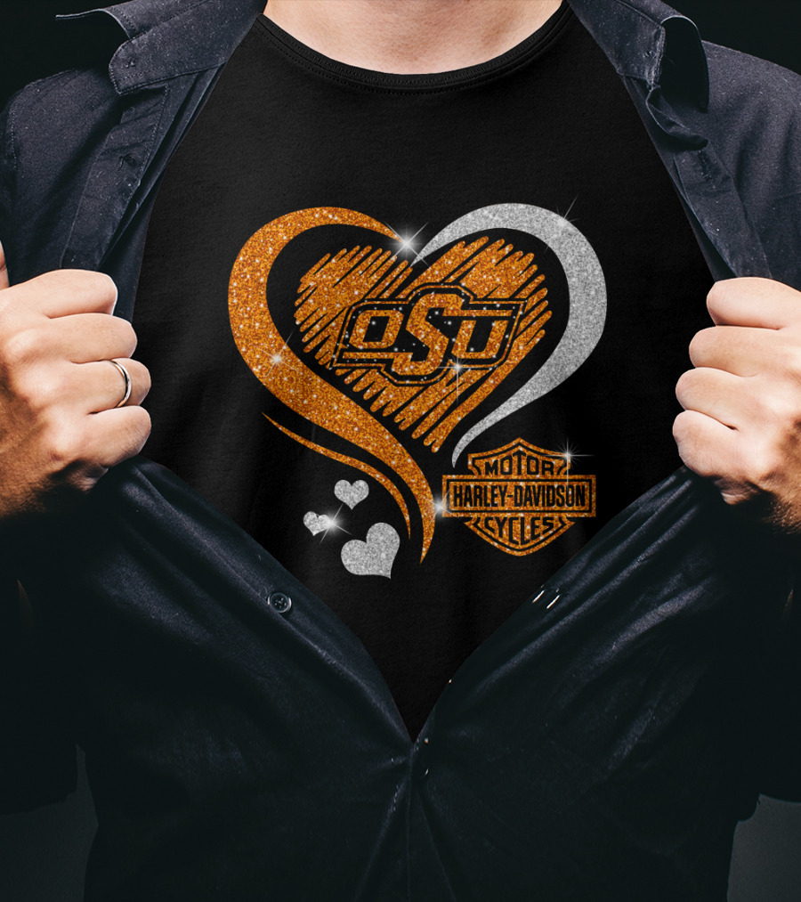 Osu Heart With Harley Davidson Logo And Oklahoma State Cowboys T-Shirt