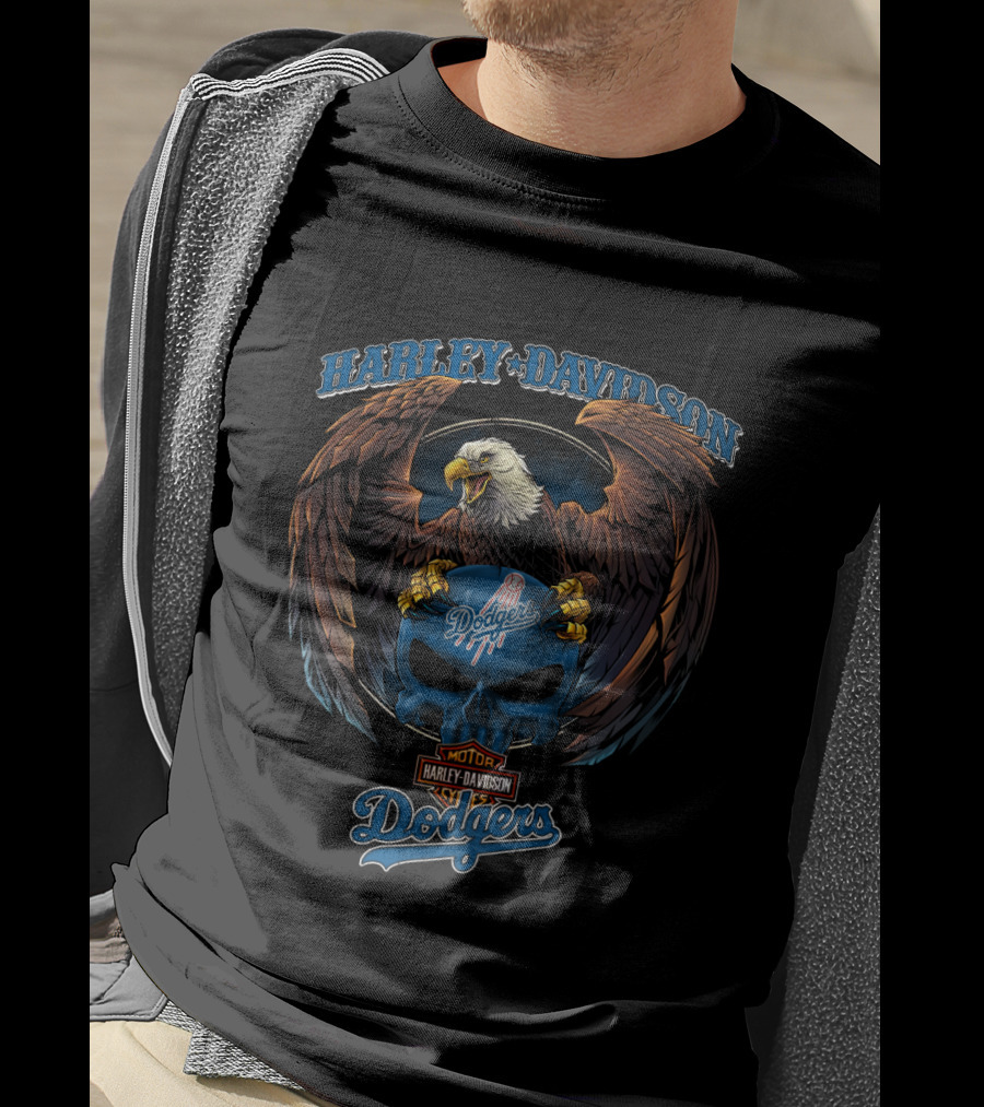 Harley Davidson Motor Los Angeles Dodgers Eagle Skull T-Shirt