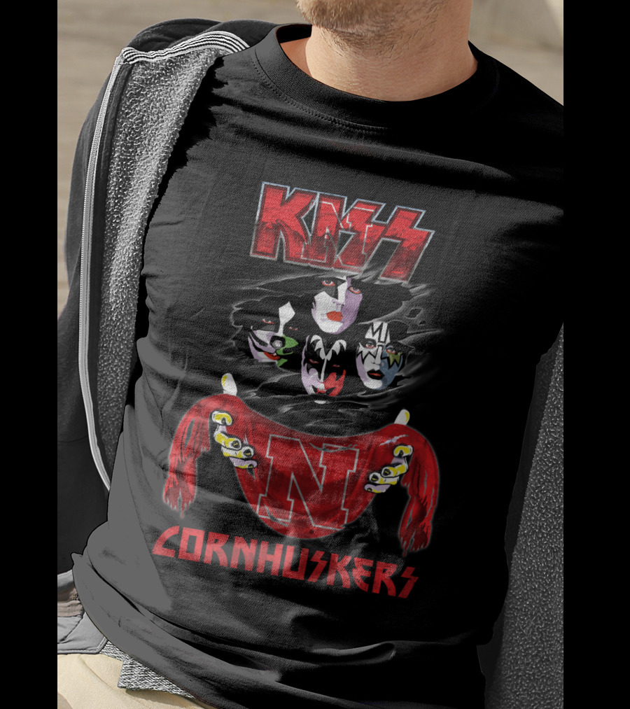 KISS Rock Band Faces With Nebraska Cornhuskers Red Scarf T-Shirt
