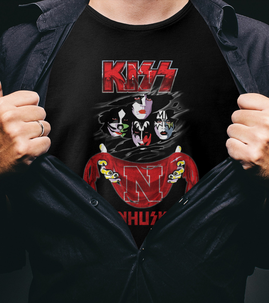 KISS Rock Band Faces With Nebraska Cornhuskers Red Scarf T-Shirt