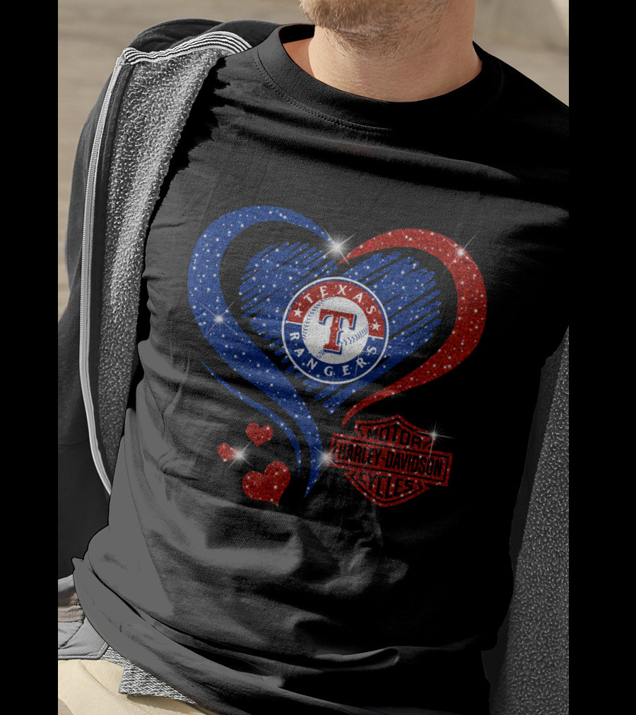 Texas Rangers Harley Davidson Heart Glitter T-Shirt