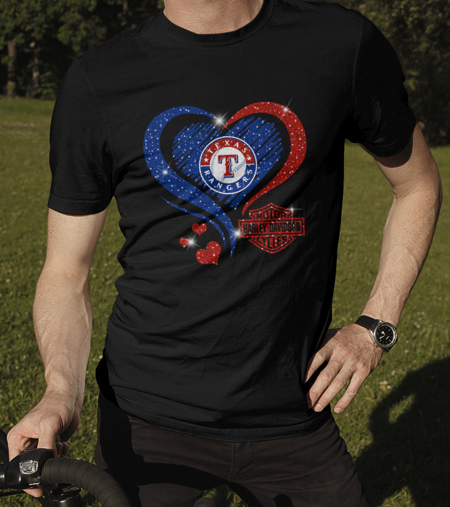 Texas Rangers Harley Davidson Heart Glitter T-Shirt