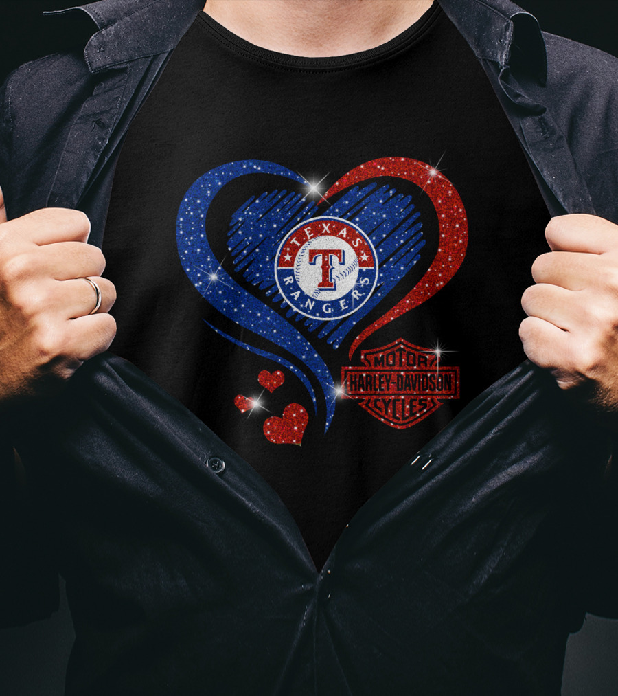 Texas Rangers Harley Davidson Heart Glitter T-Shirt
