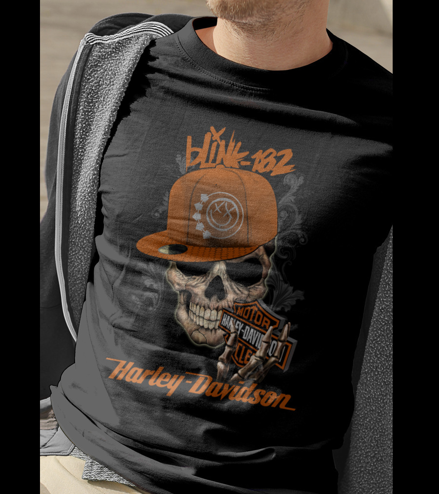 Blink-182 Harley Davidson Skull With Hat And Motor T-Shirt