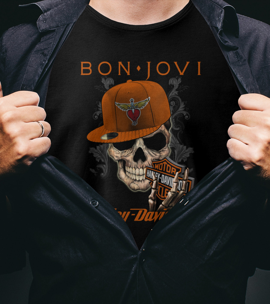 Bon Jovi Harley Davidson Skull With Wings Cap T-Shirt