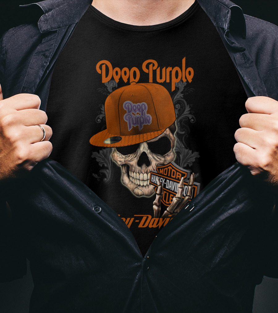 Deep Purple Harley Davidson Skull With Orange Hat T-Shirt