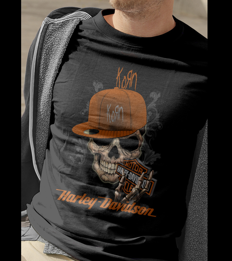 Korn Harley Davidson Skull With Orange Cap T-Shirt