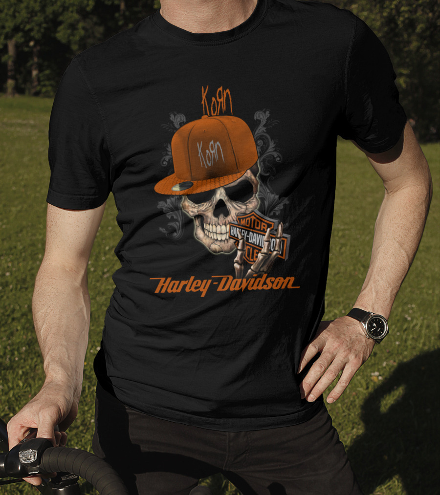 Korn Harley Davidson Skull With Orange Cap T-Shirt