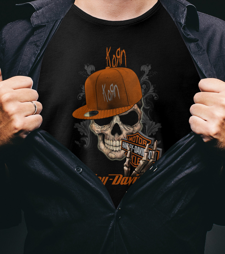 Korn Harley Davidson Skull With Orange Cap T-Shirt