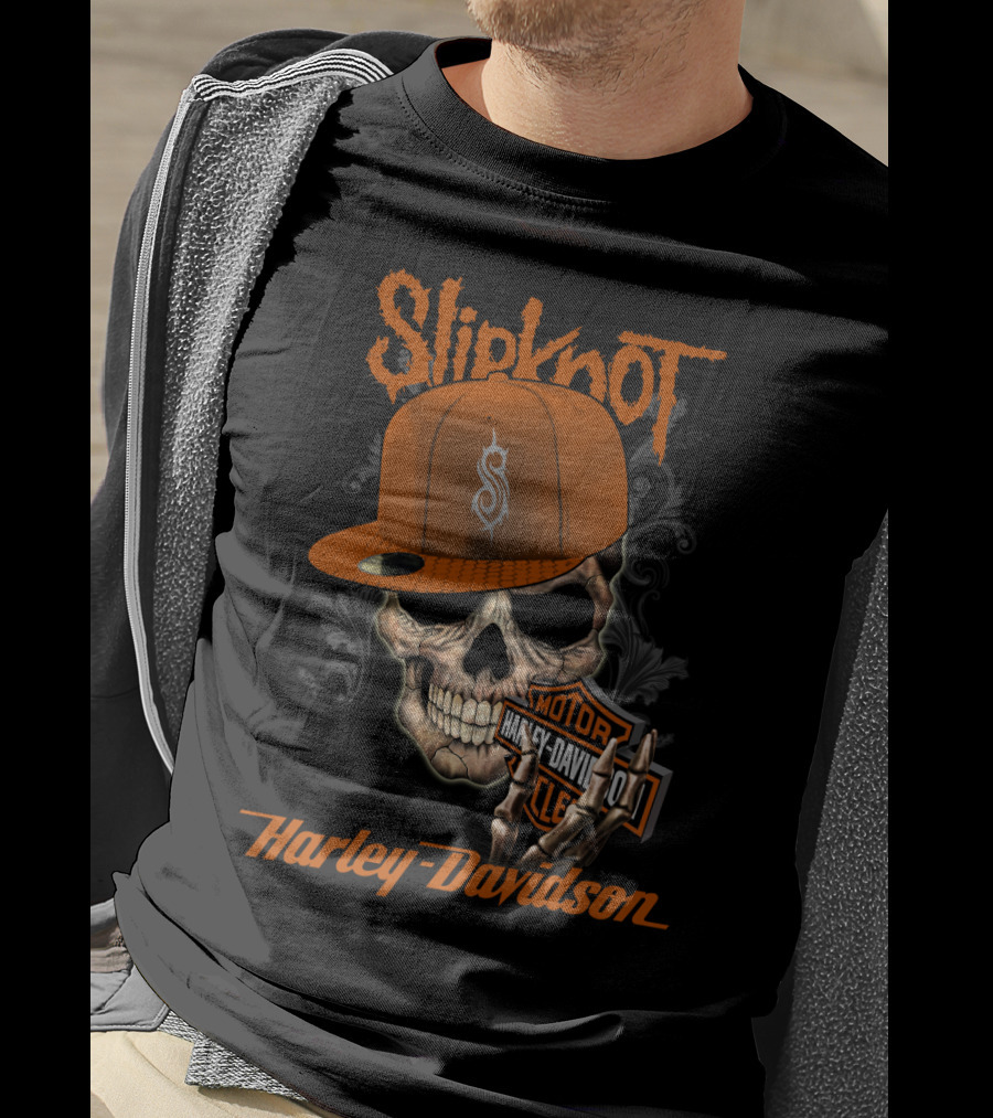Slipknot Harley Davidson Skull With Orange Cap T-Shirt