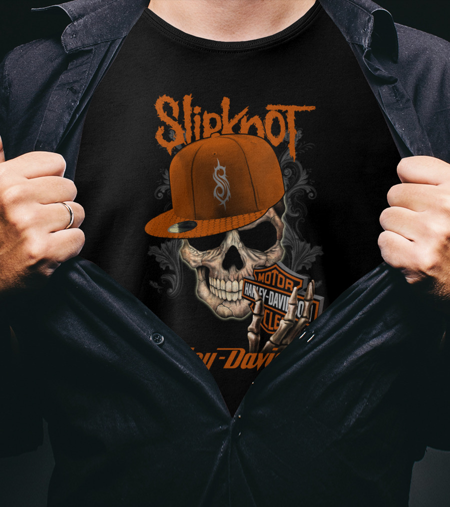 Slipknot Harley Davidson Skull With Orange Cap T-Shirt