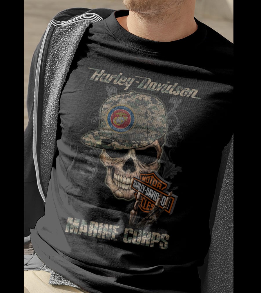 Harley Davidson Marine Corps Skull With Camo Cap T-Shirt
