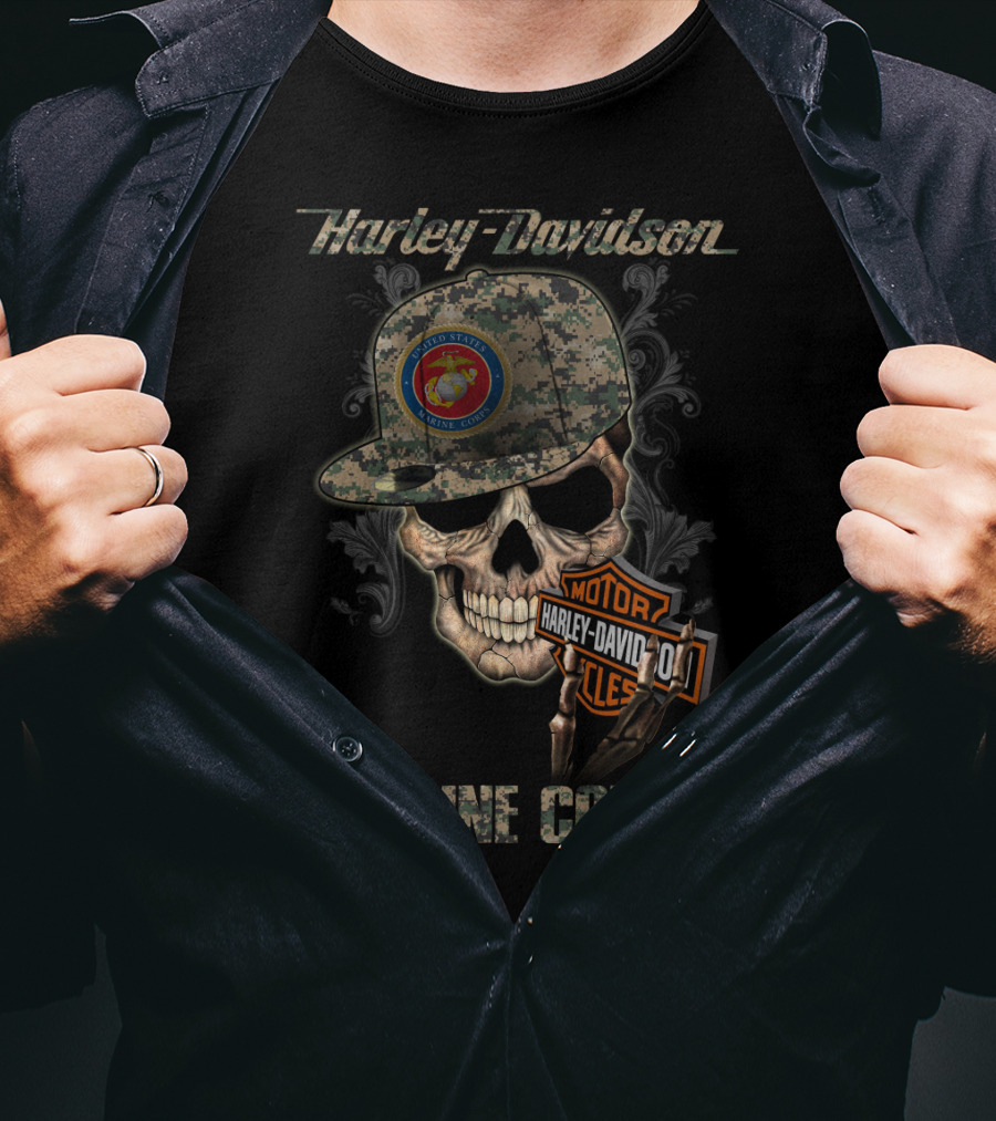 Harley Davidson Marine Corps Skull With Camo Cap T-Shirt