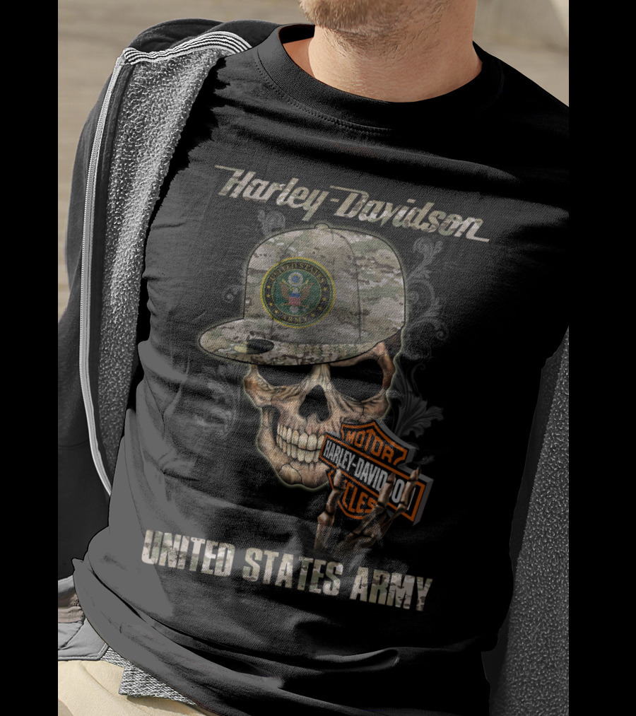 Harley Davidson United States Army Skull With Camo Cap And Motorcycles Badge T-Shirt