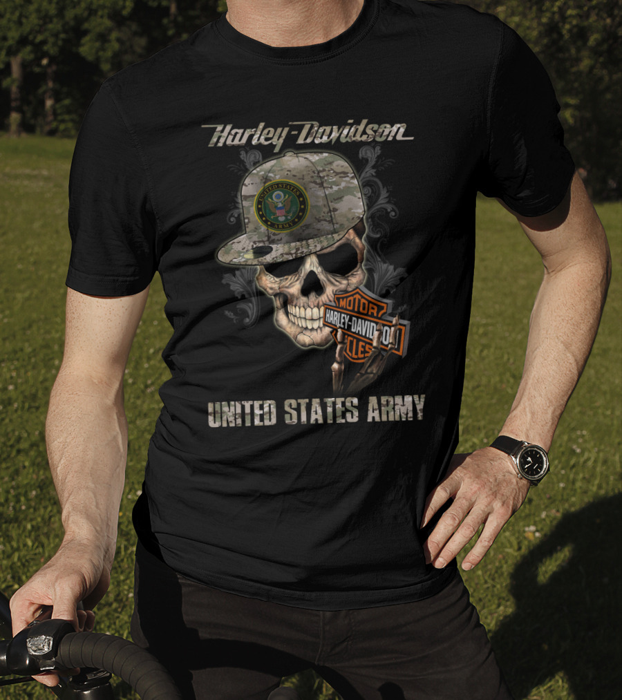 Harley Davidson United States Army Skull With Camo Cap And Motorcycles Badge T-Shirt