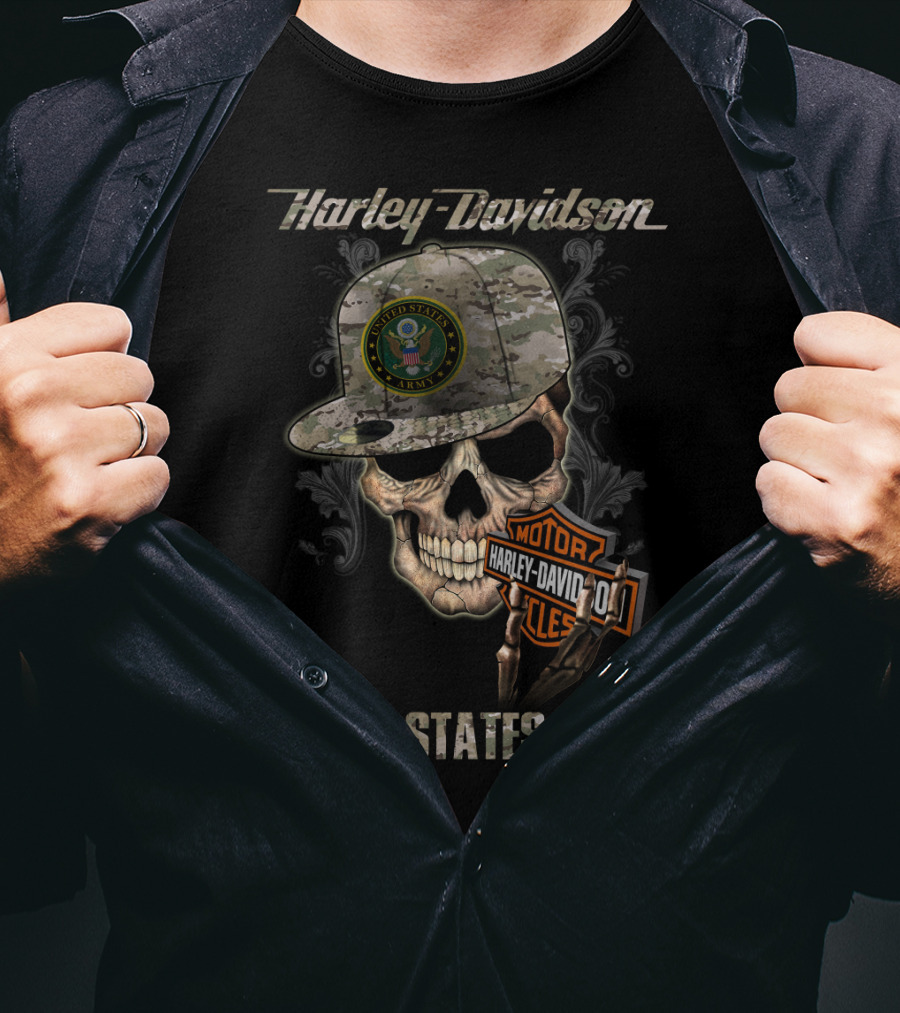 Harley Davidson United States Army Skull With Camo Cap And Motorcycles Badge T-Shirt