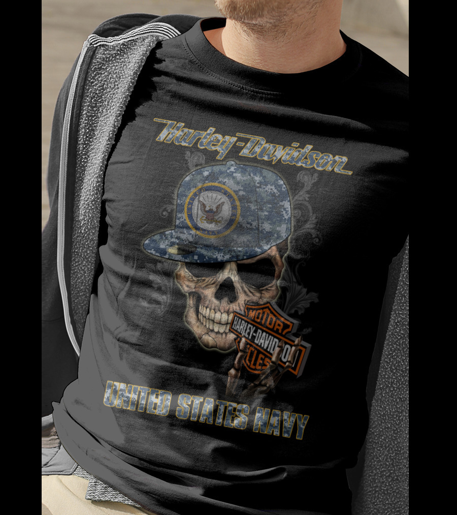 Harley Davidson United States Navy Skull With Camo Cap And Eagle T-Shirt
